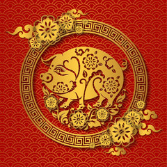 Happy chinese new year 2019 Zodiac sign year of the pig with red paper cut art and craft style on color Background.