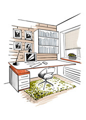 Home office interior sketch. - 204427101