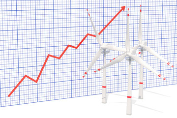 Wind turbines with growing chart. 3D rendering