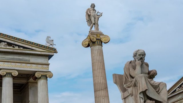  classical statue of Socrates from side with apollo statue above