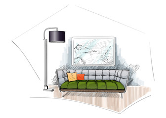 Comfortable sofa interior sketch. - 204427569