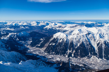 View on Chamonix Valley from Aiguille du Midi viewpoint. Haute-Savoie, France.
