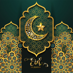 Eid mubarak greetings background Islamic with gold patterned and crystals on paper color background.
