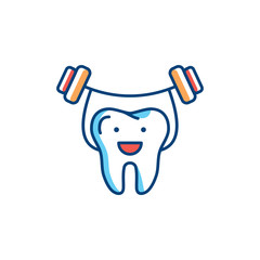 Healthy teeth icon, Strong tooth holds the barbell. Dental care logo concept, dental clinic logotype template. Stomatology Vector thin line colorful illustration