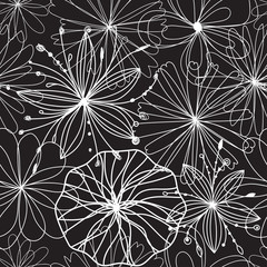 FICTIVE BLOOMING TEXTURE. MONOCHROME FLORAL SEAMLESS VECTOR PATTERN.