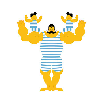 Sports strong family dynasty. Retro strongman and children. Vintage Sportsman. Circus bodybuilder. man of musls in poloat clothes. Vector illustration