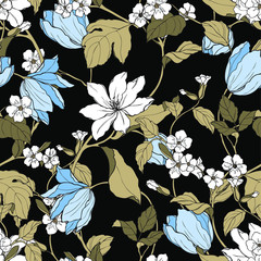 Seamless pattern with flowers magnolia and tulips