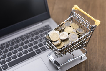 Shopping cart full of money and laptop