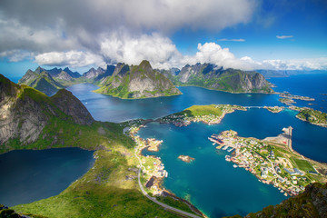 Lofoten panoramic landscape view, Reinebringen