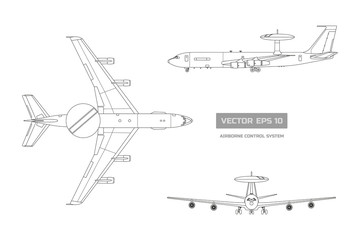 Outline blueprint of military aircraft. Top, front and side jet view. Army airplane with airborne warning and control system.  Industrial isolated drawing