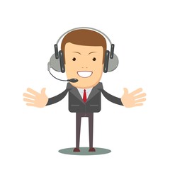 Smiling male operator with headset speaking. Customer service concept. Stock flat vector illustration.