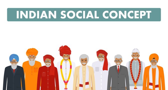 Social concept. Group indian senior people standing together in different traditional national clothes on white background in flat style. Vector illustration.