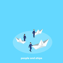 men in business suits stand with paper boats on a blue background, an isometric image