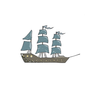 Sailing ship vector brown blue color vintage drawing ship pirate captain drive wood sailing ribbon geometric elements old transport ocean sea travel window mast shabby style illustration background