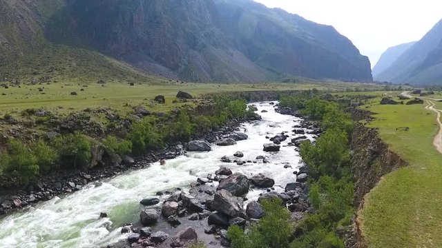 View from the air to the Chulyshman valley and the river. The Republic of Altai, Russia