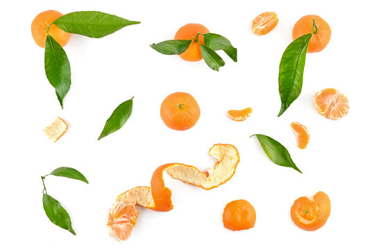 Top view of mandarins with leaves isolated on white