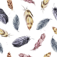 Seamless pattern with feathers . Watercolor background .