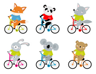 Vector illustration of sporty animals on a bicycle. Perfect for postcard, baby book, poster, banner. Panda, bear, rabbit, wolf, fox, koala