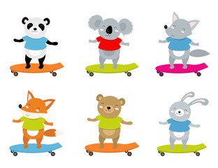 Fototapeta premium Vector illustration of sporty animals on a skate. Perfect for postcard, baby book, poster, banner. Panda, bear, rabbit, wolf, fox, koala