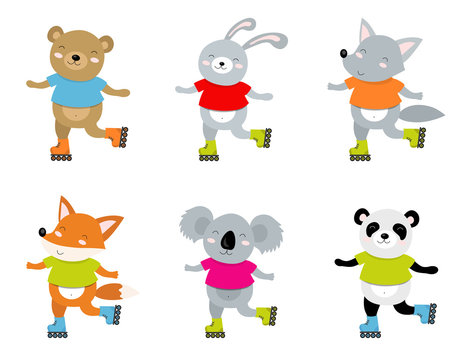 Vector illustration of sporty animals on a roller skates. Perfect for  postcard, baby book, poster, banner. Panda, bear, rabbit, wolf, fox, koala  Stock Vector | Adobe Stock