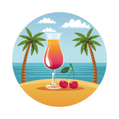 Summer cherry cocktail glass cup in round symbol vector illustration graphic design