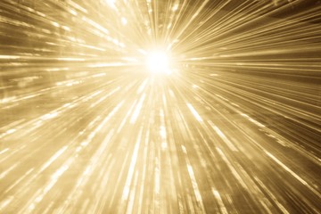 Golden laser show rays at top nightlife party event performance. Luxury entertainment with bright...