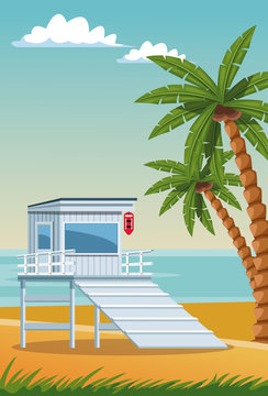 Wooden house in beach vector illustration graphic design