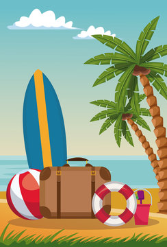 Luggage fith surf and beach ball vector illustration graphic design