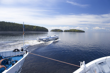 Obraz premium Ladoga Lake, Valaam Island - passenger ships on the quay.