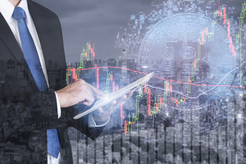 bitcoin trading exchange stock market investment, forex with trend of graph, price and candle stick chart, 3D illustration of stock crypto currency analysis graph.