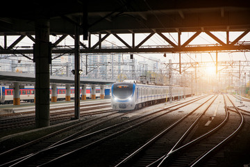 Korea train on railway with skyline at Seoul, South Korea for transportation background