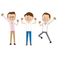 ポップなビジネスマン　クールビズ　3人ガッツポーズ