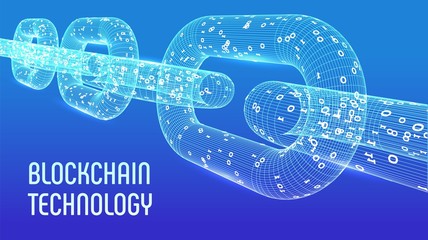 Block chain. Crypto currency. Blockchain concept. 3D wireframe chain with digital code. Editable cryptocurrency template. Stock vector illustration.