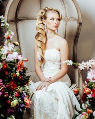 beauty emotional blond bride in luxury interior dreaming, crazy 