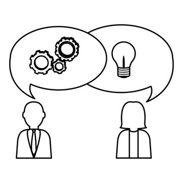 line businesspeople pictogram with gear and bulb inside chat bubbles