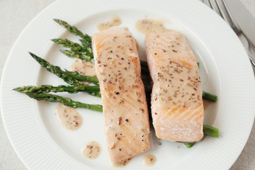 Low carb keto baked salmon and asparagus, ketogenic food