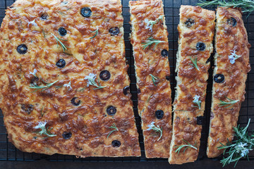 Low carb keto almond cheese bread, olive,garlic and rosemary focaccia