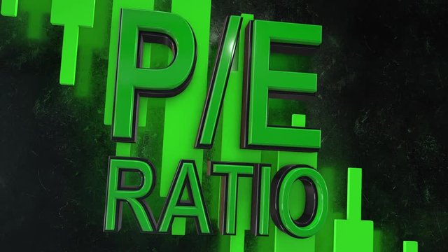 P/E ratio, price to earnings ratio 3D title animation for stock market