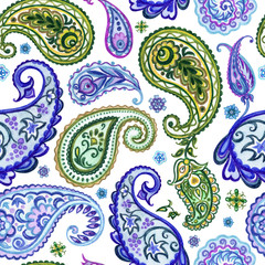 Seamless pattern from paisley, watercolor drawing. Oriental ethnic ornament of buta