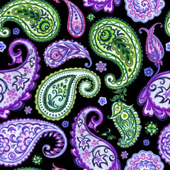 Seamless pattern from paisley, watercolor drawing. Oriental ethnic ornament of buta