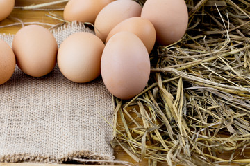 Brown eggs on sackcloth and rice straw