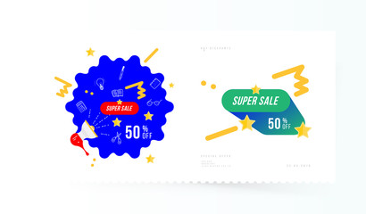 Super sale 50 off discount. Banner template for design advertising and poster on light background with shadow. Flat vector illustration EPS 10