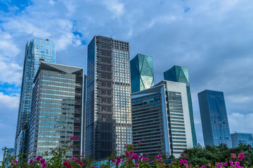Modern office building on a clear sky background.