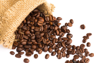 Bag of coffee beans isolated on white background