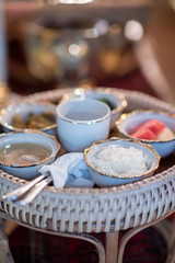 Set of food offering to a spirit, Buddhist in Thailand. Buddhist merit of Thai cultural engagement ceremony