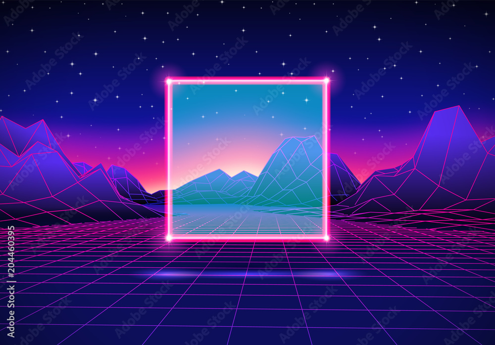 Poster retro futuristic landscape with square and shiny grid