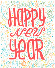 Unique hand-drawn lettering with doodles - Happy new year.