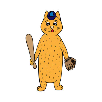 Hand-drawn cat baseball player. Color illustration on the white background.