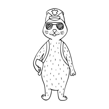 Funny hand-drawn cat police officer. Black-and-white line art.