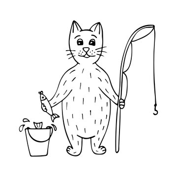 Cute hand-drawn cat fisherman with fish and a rod. Black-and-white.